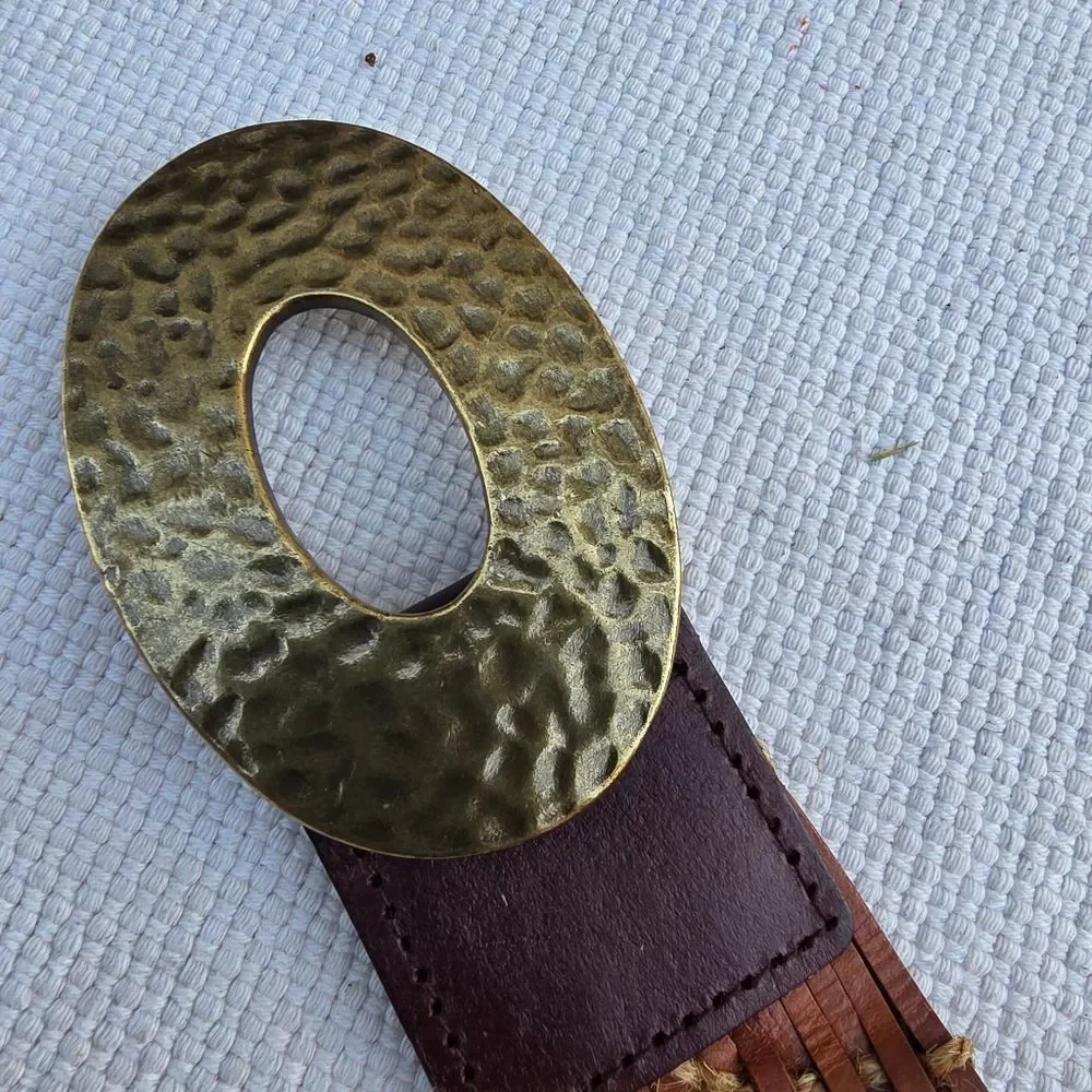 Leather belt woven with hammered brass buckle
